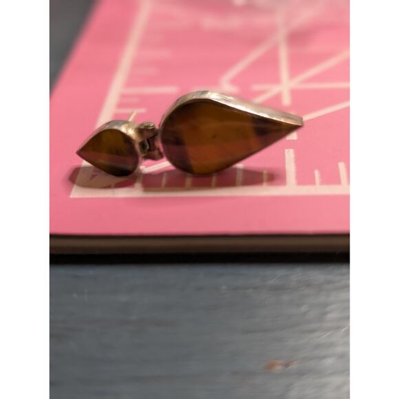 Vintage 925 Sterling Silver Marked Chile Tiger's Eye Hinged Dangle Post Earrings - Picture 5 of 8